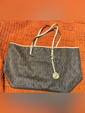 Michael Kors Large Jet Set Brown Logo Tote with Cream Trim and Gold Hardware